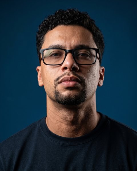 Retrato de Rodrigo Ribeiro, mentor de Meta Ads, sobre fundo azul.